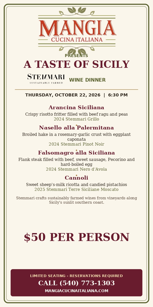 Taste of Sicily wine dinner at Mangia Cucina Italiana in Winchester, VA.